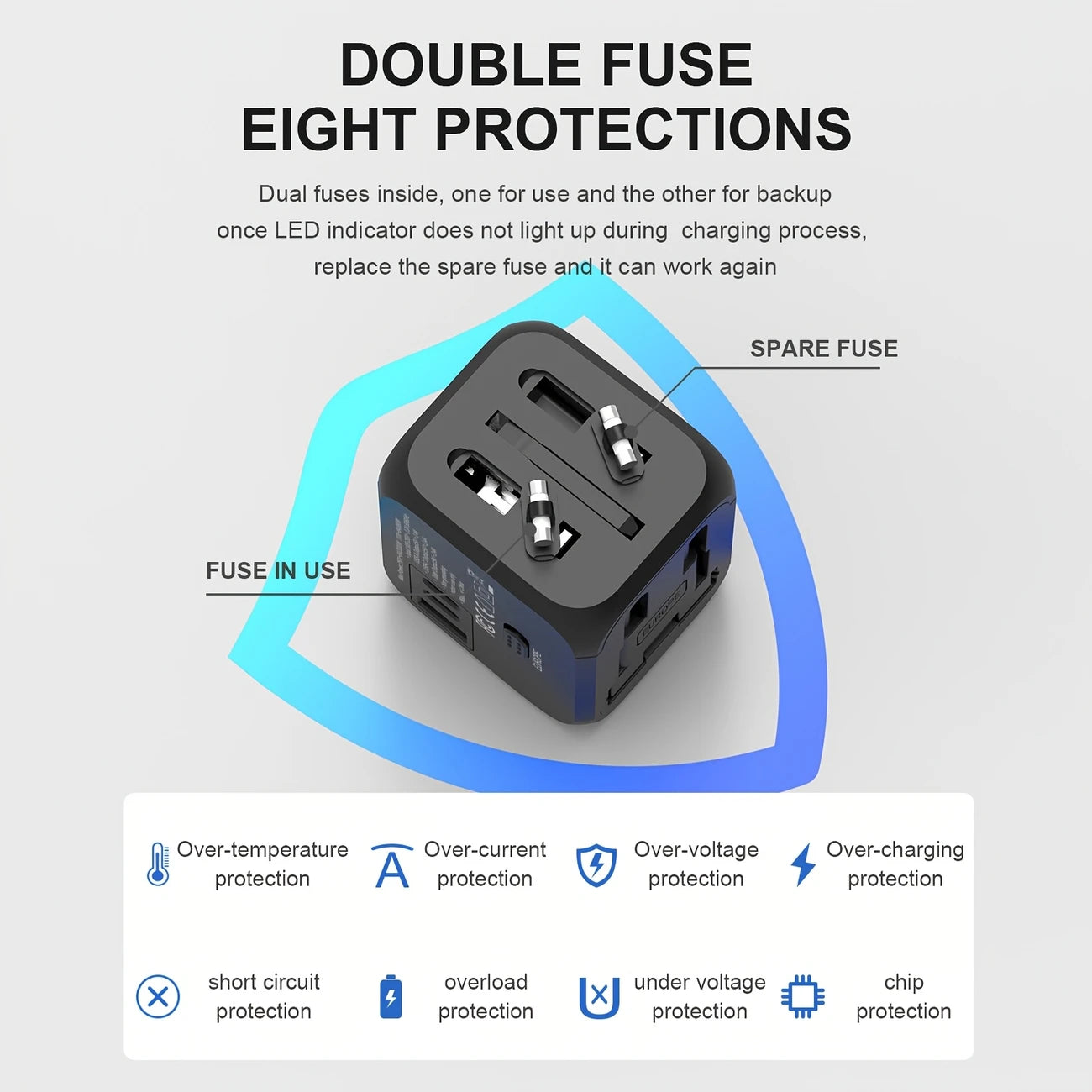 Compact Travel Adapter, plug to any socket.