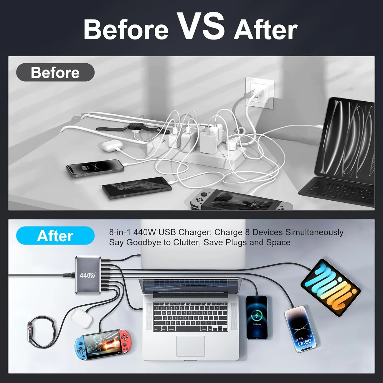 440W Multi-Port Charger with 8 Outlets & 5 USB Ports