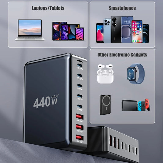 440W Multi-Port Charger with 8 Outlets & 5 USB Ports