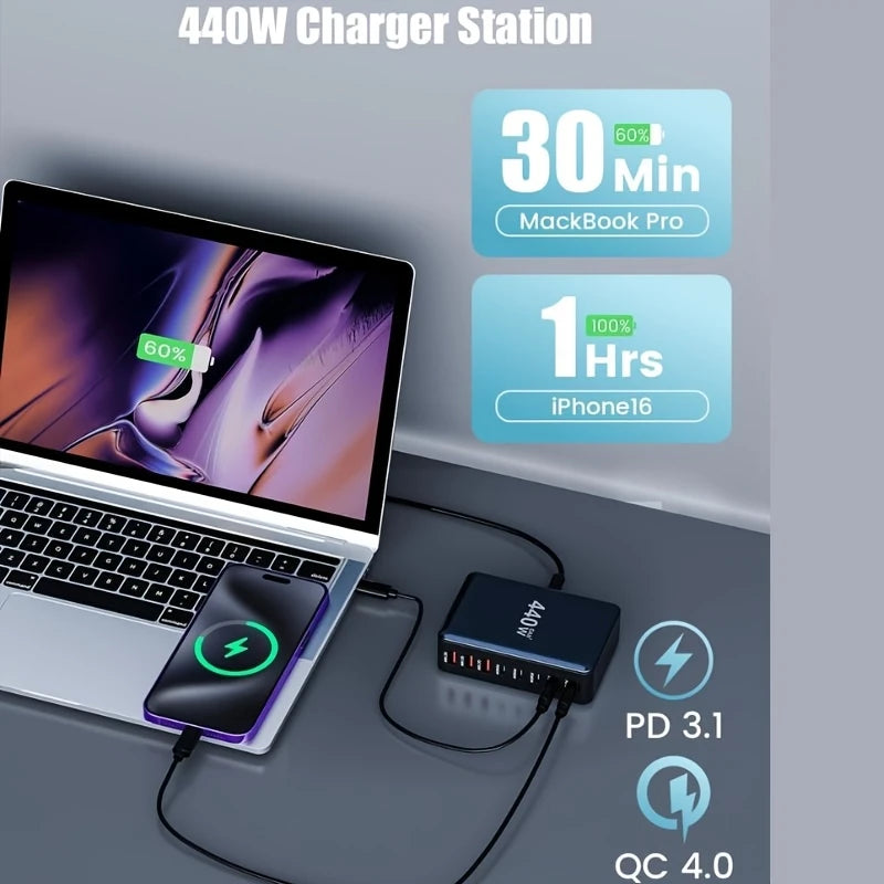 440W Multi-Port Charger with 8 Outlets & 5 USB Ports