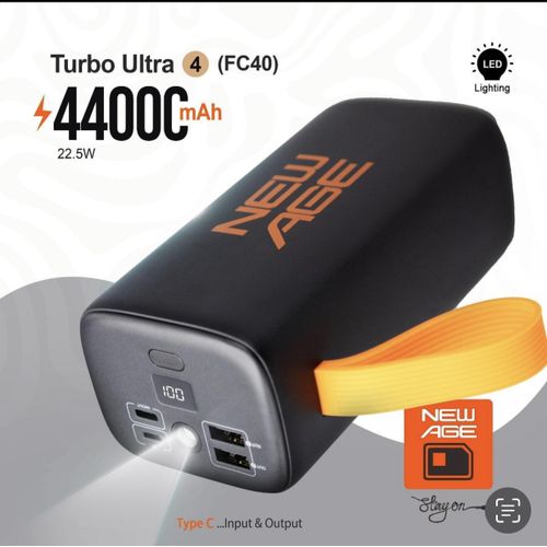 New Age Turbo Ultra 4 44000mAh Power Bank - PD 22.5W Fast Charging, 4 Ports, Digital Display, Flashlight - Black Orange