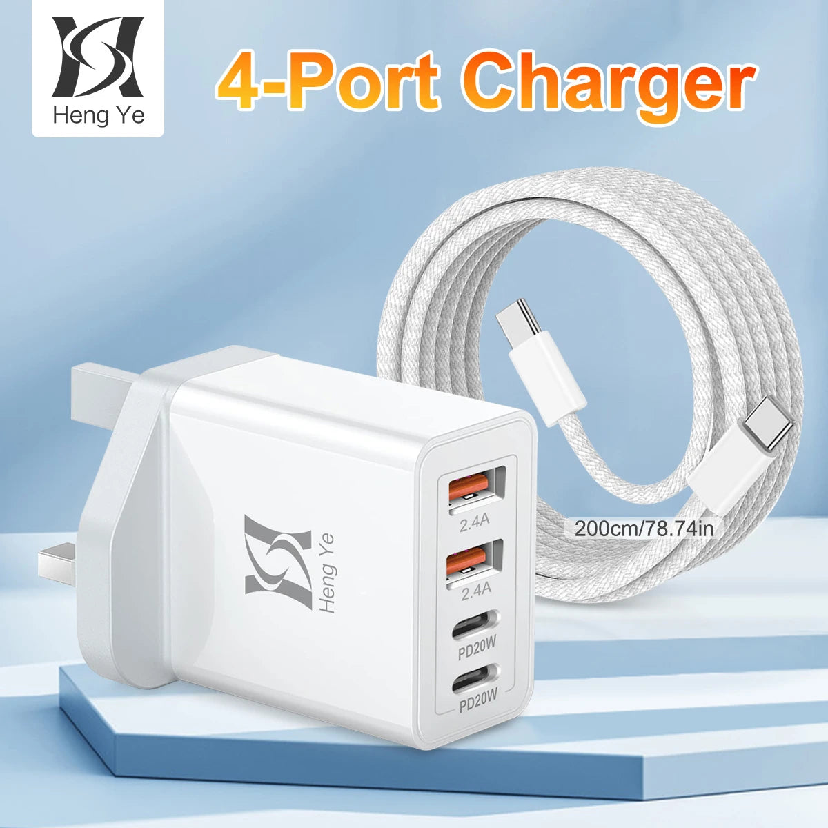 4-Port Super Fast Charger Adapter with 2m USB C to USB C Cable