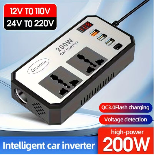 200W Car Power Inverter - 12V/24V to 110V/220V Power Converter with Display